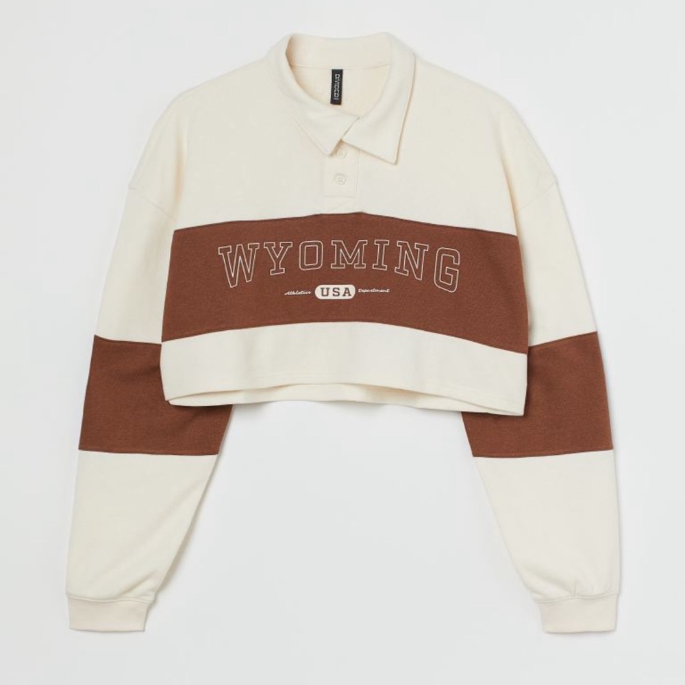 H&M Cropped Rugby Shirt - Cream & Brown “Wyoming” Long Sleeve Shirt Size Small